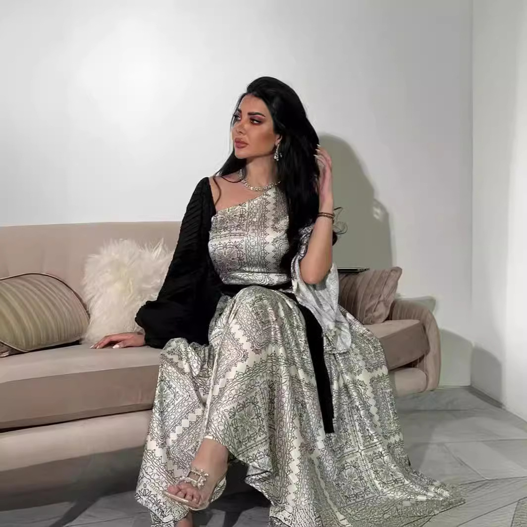 Spring and Summer 2024 Cross-border Foreign Trade Women's Independent Station ebay Sexy Printed Pleated Belt Stitching Ball Evening Dress