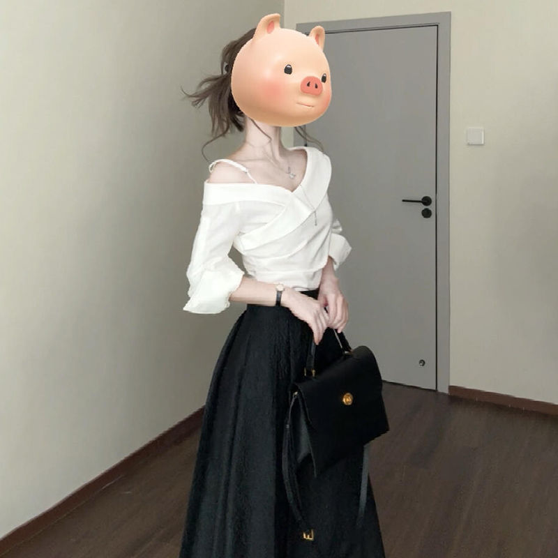 Xu Yan's Same Style White One-Shoulder Shirt Dress, Autumn Elegant Skirt, Long Skirt, Two-Piece Suit