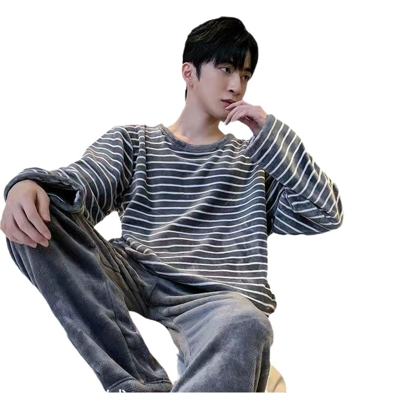 Мужская Пижама, осенне-зимний фланелевый костюм в полоску, можно носить снаружи утолщенного кораллового флиса, домашняя одежда больших размеров в студенческом Корейском стиле