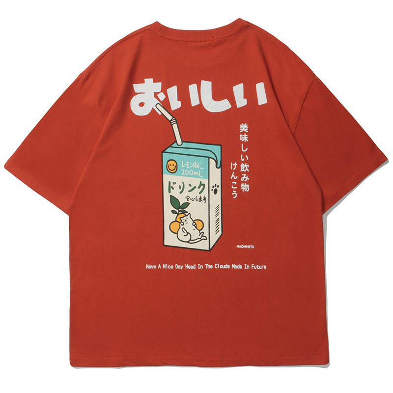 YPRS Men's Japanese Style Retro Summer Orange Soda Short-sleeved T-shirt Men's Summer New Ins Fashion Brand Couple Half-sleeved