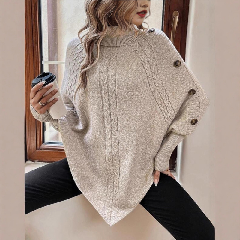 European and American Autumn and Winter New Cable Women's Sweater Amazon Cross-Border Fashion High-Neck Button-Decorated Long-Sleeve Batwing Top