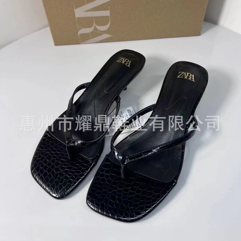 Za2024 New Autum Style Thong Crocodile Pattern Stone Pattern Low Heel Stiletto Sandals Slippers Beach Outer Wear Square Toe Women