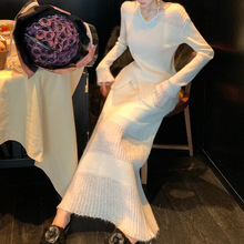 【灰羽云素】秋冬双纱线 羊毛V领针织半裙套装女