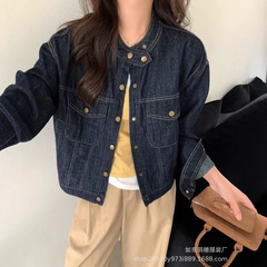 复古短牛仔夹克上衣女2025秋季高级感重工蓝宽松休闲立领外套LA45
