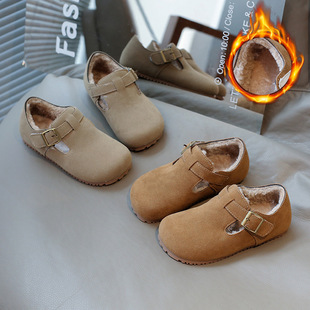 Children's fleece-lined Birkenstocks Cotton Shoes 2024 Autumn and Winter Girls' Leather Soft Sole Boys' Baby Bean Shoes British Style Shoes
