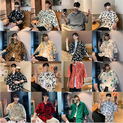 2024夏港風原宿ins花シャツ男ゆるいビーチ休暇砕花半袖tシャツ復古コート潮