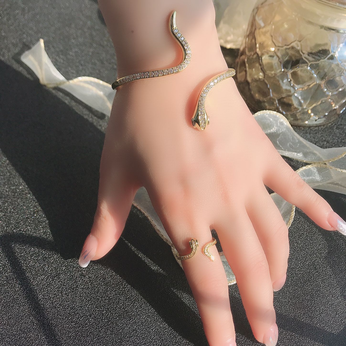 Rings, Bracelets Classification Retro Snake Copper Gold Plated Inlay Zircon Women's Rings Bracelets