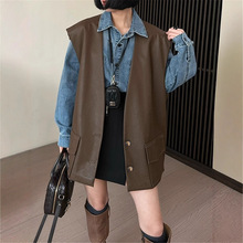 马甲女2025秋季新款时尚休闲港风纯色PU皮V领百搭中长款显瘦马夹
