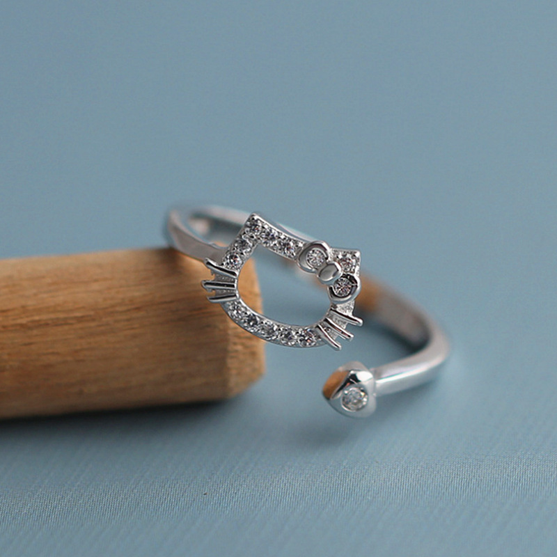 Hot Selling KT cat open mouth diamond ring Japanese and Korean cute student hipster hollow simple fresh Cat Women's Open ring