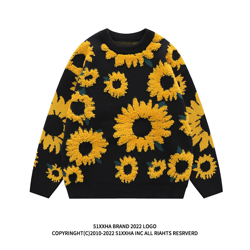 Autumn Japanese Vintage Sunflower Flocking Lazy Style Sweater Men's and Women's BF Hip Hop Fashion Brand Couple's Long Sleeve Sweater