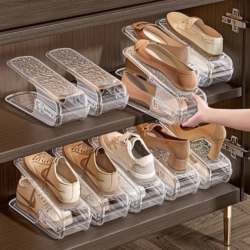 Soporte de zapatos ajustable estratificado ahorro de espacio acrílico de doble capa, armario de zapatos para almacenar artefactos, soporte de zapatos