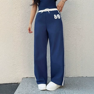 亚马逊wish春秋女款潮流高腰百搭休闲裤女款运动撞色阔腿长裤现货