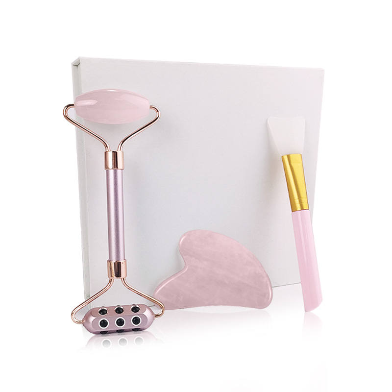 锗石美容棒套装粉晶锗玉石滚轮刮痧套装脸部按摩器玉石按摩器批发