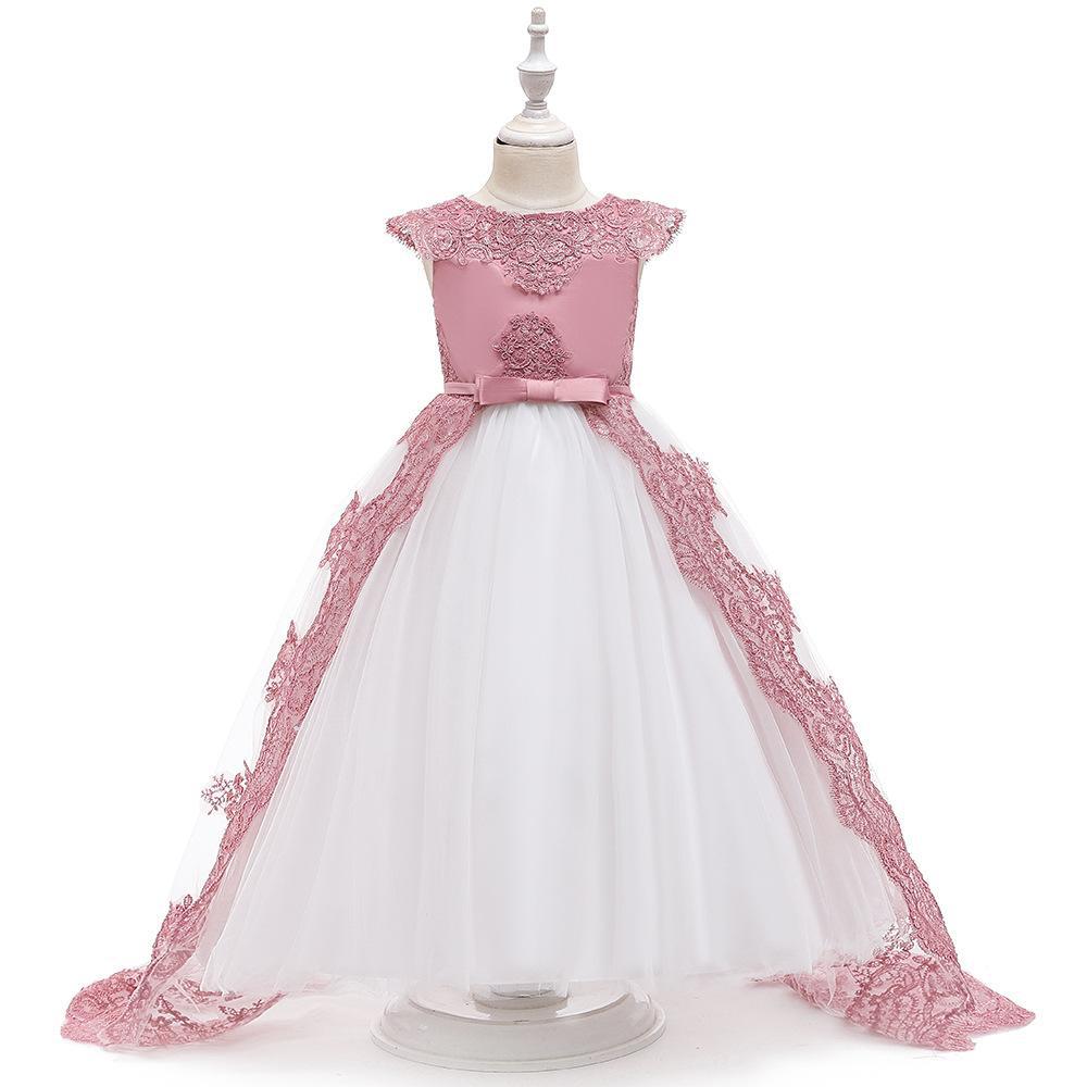 Vestido de los nuevos niños europeos y americanos Vestido de la cola de los niños medianos y grandes pasarela de las niñas Princesa vestido de noche de banquete de cumpleaños hinchado