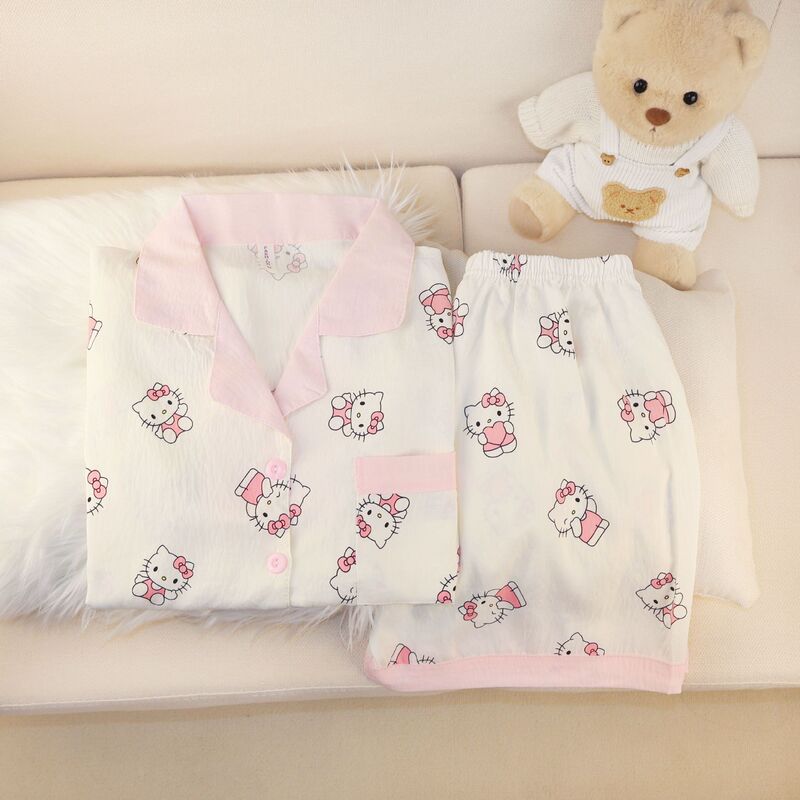 Summer New Cloud Cotton Short Sleeve Shorts Pajamas Sweet Cute Pink Collar Cat Cardigan Lapel Home Clothes suit