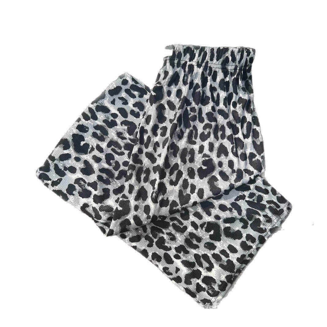 Nuevo estilo estampado de leopardo mujer verano fino estampado pantalones anchos mujer cintura alta fina seda de hielo estilo explosivo suelto drapeado hielo