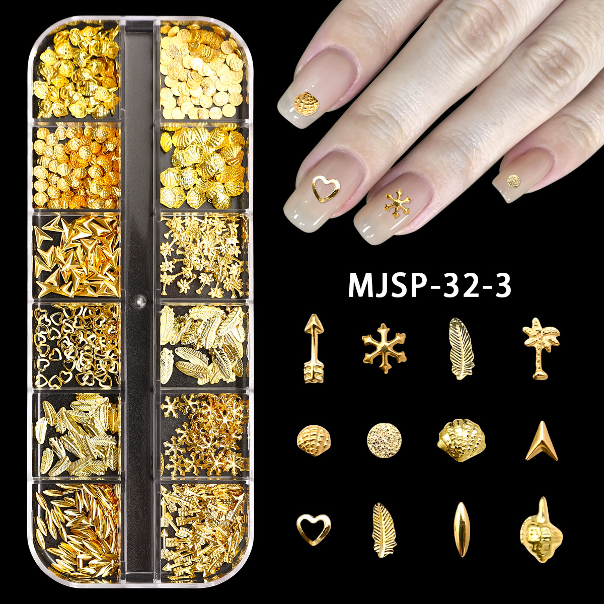 Accesorios de uñas 12 rejilla caja grande remache de uñas material de metal lentejuelas mezclar y combinar DIY especial en forma de parche de uñas Decoración