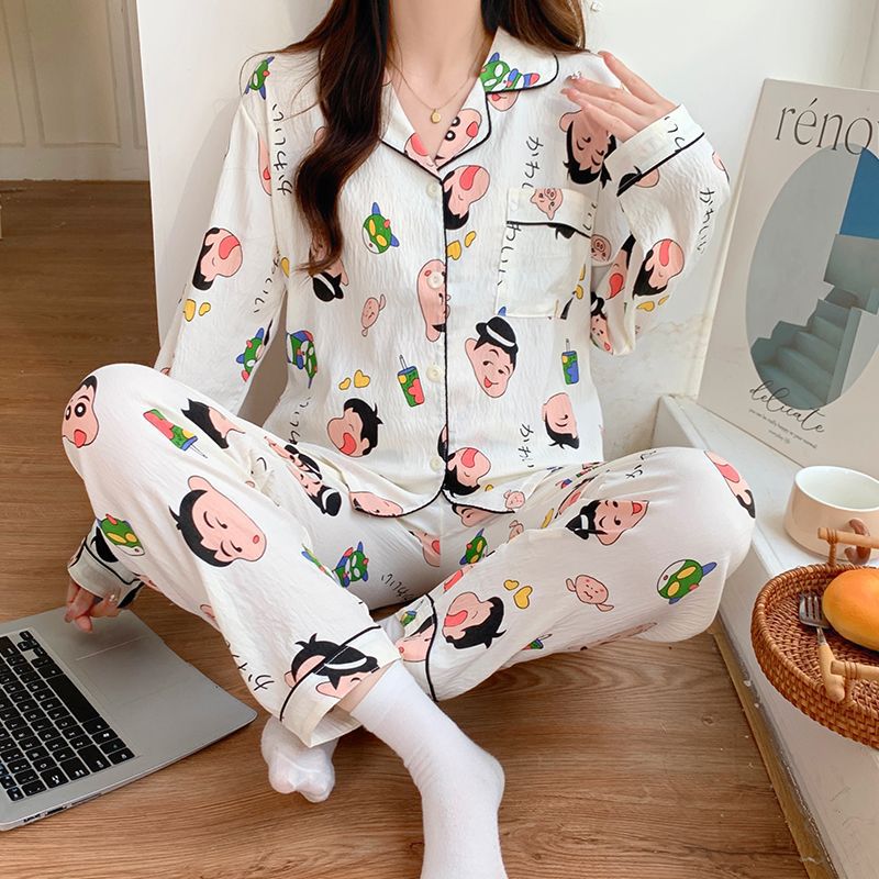 Nuevo conjunto de pijamas de algodón nublado transfronterizo de manga larga delgada primavera y otoño de mujeres lindos pantalones de dibujos animados dulces ropa para el hogar