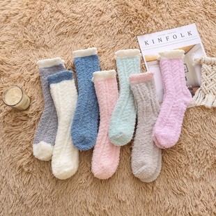 Coral Fleece Socks Autumn and Winter fleece-lined Thickened Towel Floor Socks Twist Solid Color Mid-tube Moon Sleeping Loose Socks