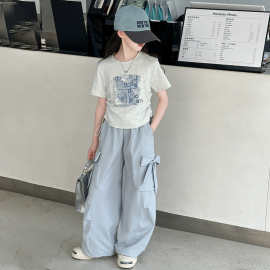 女童夏季新款蝴蝶结印花抽绳T恤女大童洋气炸街短袖t工装裤两件套