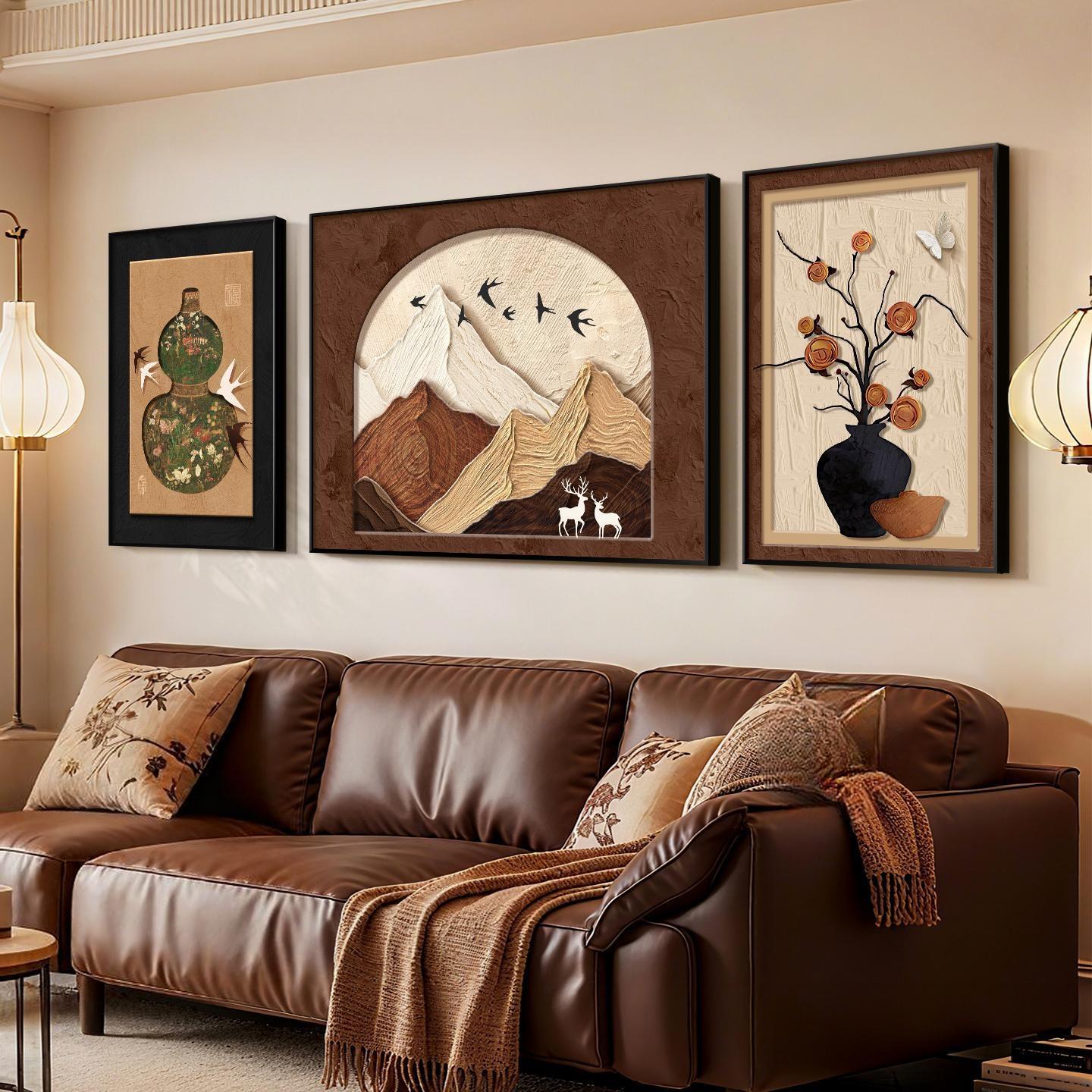 Persimmon Ruyi Vintage-Style Living Room Decorative Painting with a Backrest Sofa Background Wall Hanging Painting with a Good Meaning Triptych Mural
