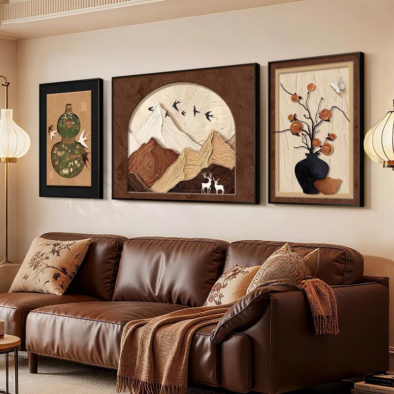 Persimmon Ruyi Vintage-Style Living Room Decorative Painting with a Backrest Sofa Background Wall Hanging Painting with a Good Meaning Triptych Mural Persimmon Ruyi Vintage-Style Living Room Decorative Painting with a Backrest Sofa Background Wall Hanging Painting with a Good Meaning Triptych Mural