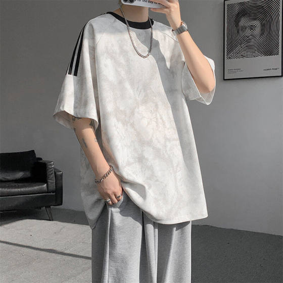 American retro tie-dye short sleeve men's high street ruffian handsome 300g heavy T-shirt summer tide brand plus size stripes half sleeve