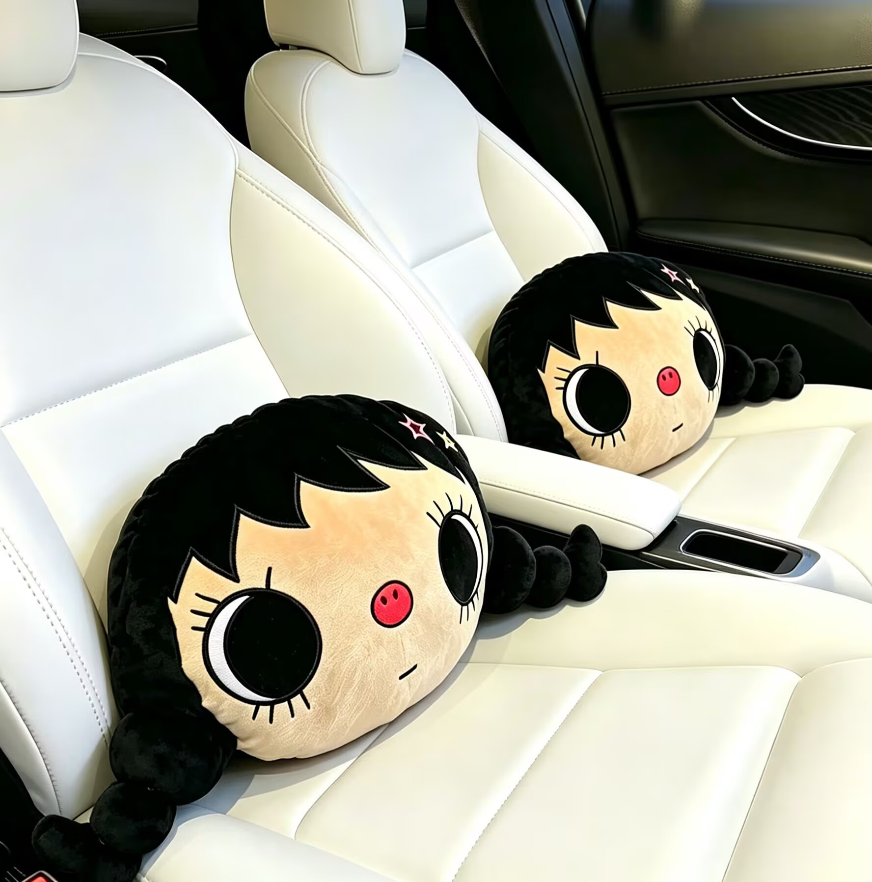 Trendy Big-Eyed Doll Car Headrest, Black Braided Girl Plush Neck Pillow, Internet Celebrity Style Throw Pillow