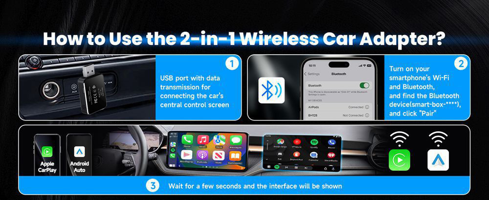 Smart Button Wireless Carplay Box Android Auto Two-In-One Wired to Wireless Adapter for Car Use