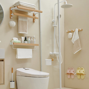 Solid Wood Towel Rack Bathroom No-Drill Towel Holder Shelf Storage Rack Cream Color