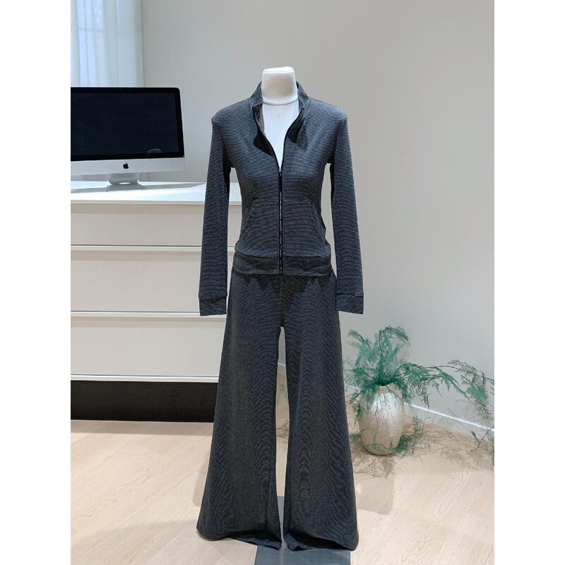2026 New Style Gray Striped Stand-Up Collar Slim-Fit Jacket for Women, Waist-Cinching Short Top, Autumn and Winter Sweatshirt Sports Suit