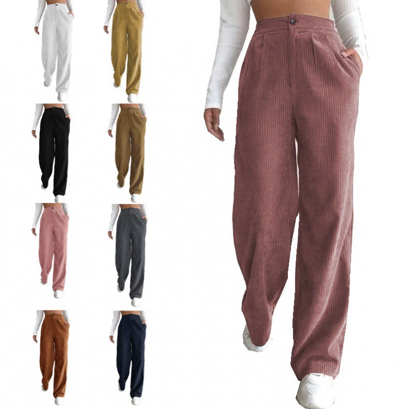2024 осень новый женский стиль с высокой талией повседневные брюки европейские и американские сплошные вельветы свободные прямые брюки женские