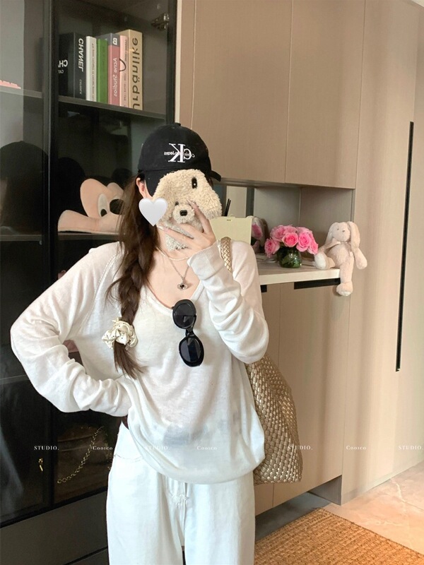 薄款慵懒风V领长袖针织T恤女秋季新款韩版宽松显瘦百搭防晒衫上衣|undefined