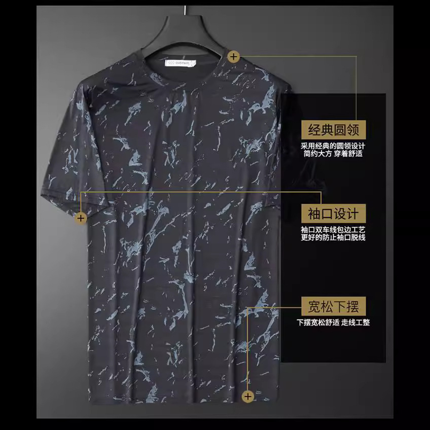 Traje de seda de hielo para hombre, conjunto de verano con estampado, camiseta de manga corta y pantalones cortos, deportivo, informal, talla grande, holgado, con cuello redondo.