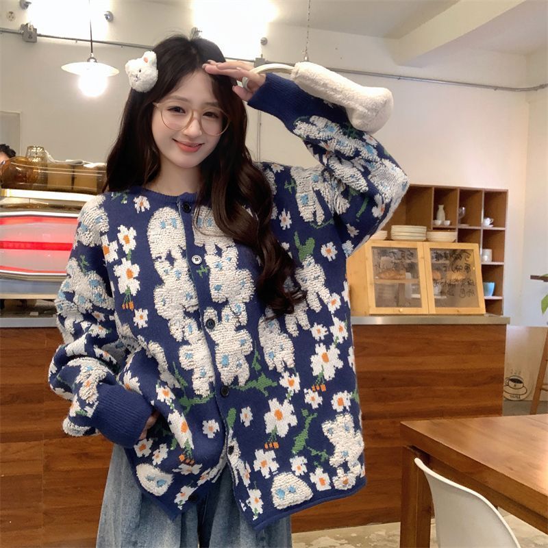 大码女装胖mm春秋新款2025开衫长袖花朵毛衣时尚宽松款毛衣针织衫|undefined