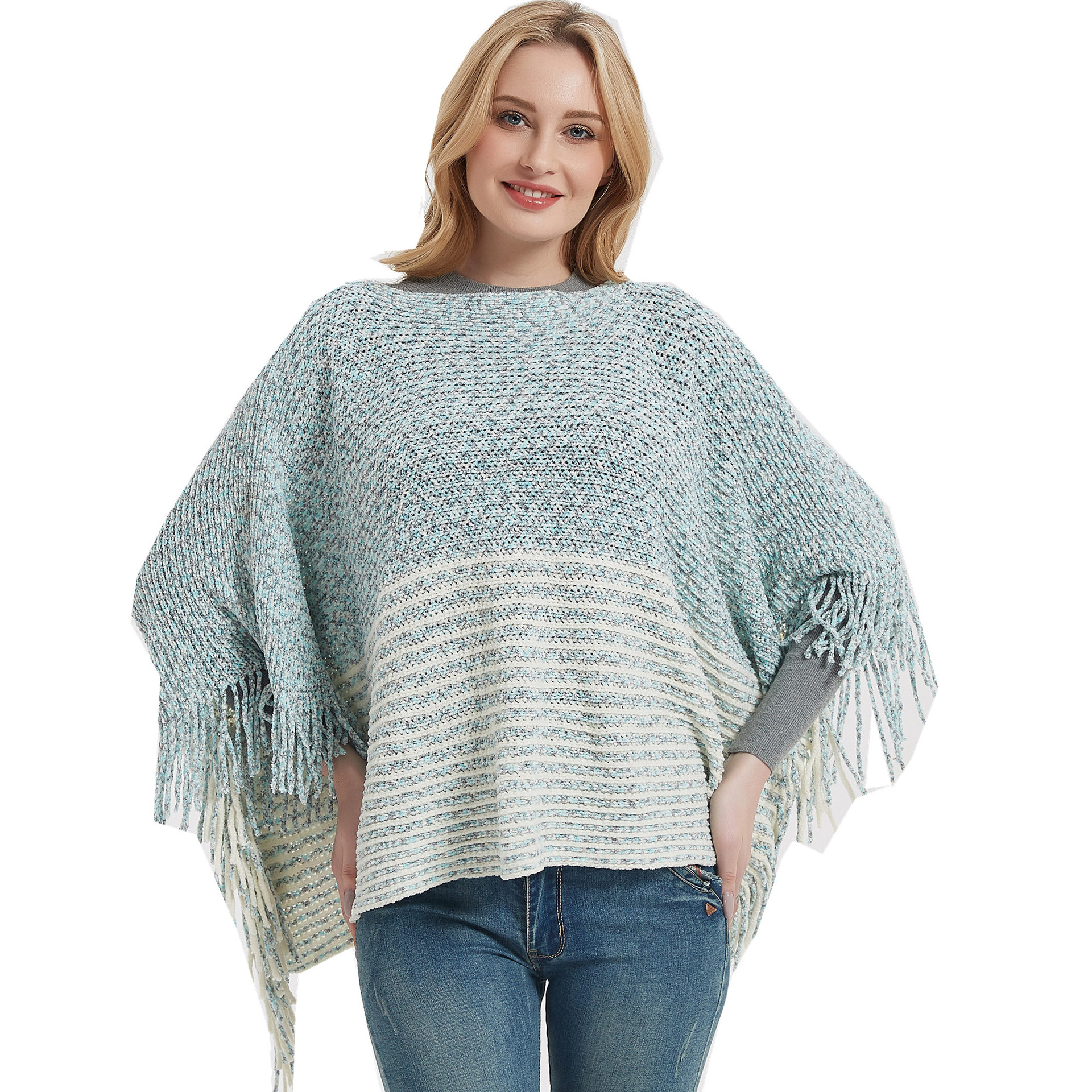 Unisex Fringe cape Spring and winter Bat sleeve sweater pullover striped cape sweater cape_voghion.com