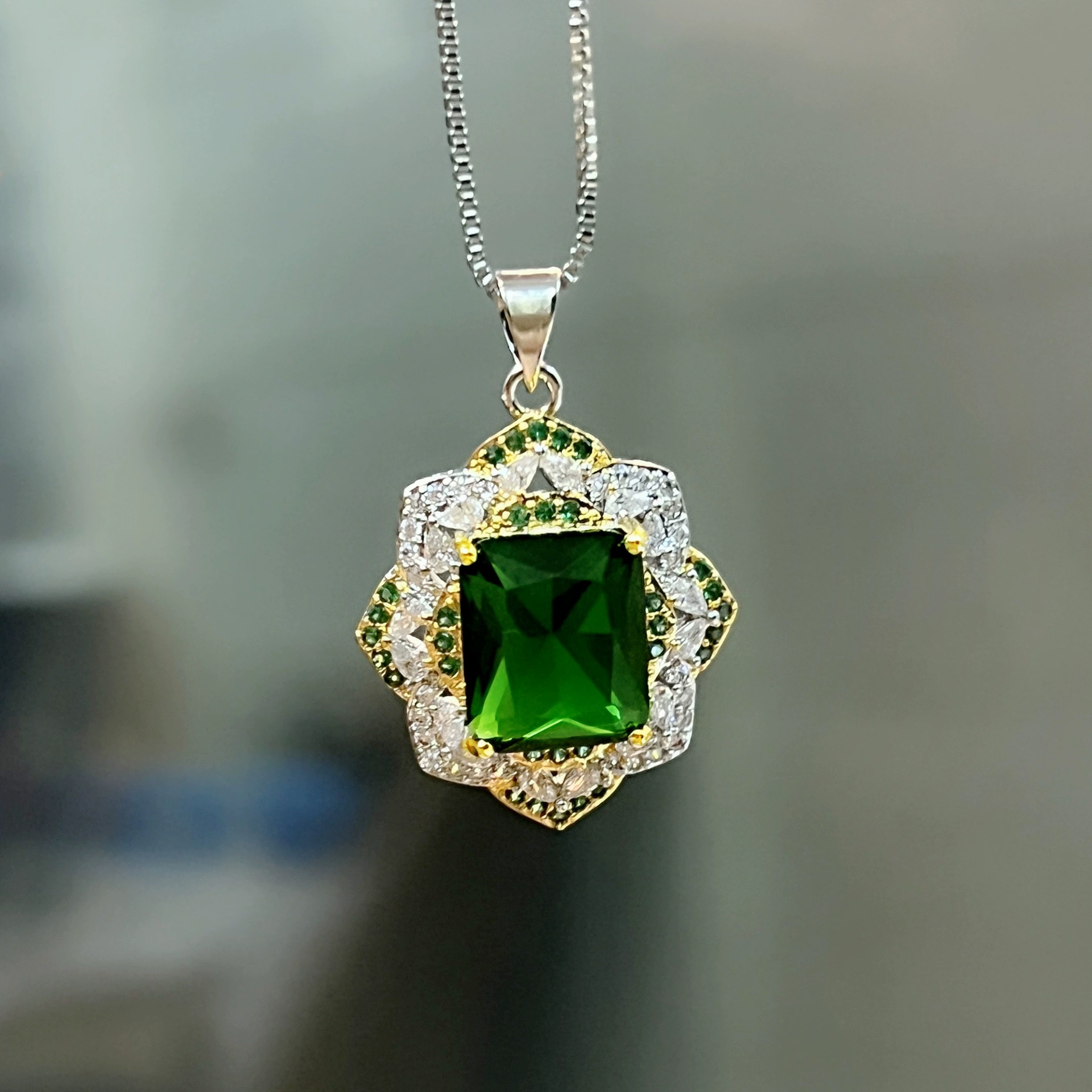 Golden two-color organic pendant, rectangular necklace, diamond encrusted