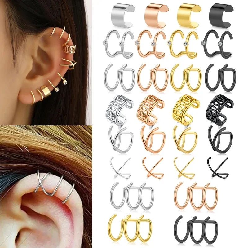 Two Interwoven Double-Line Ear Cuffs, Non-Pierced Minimalist Fake Spiral Ear Cuffs, Cartilage Earrings, Stainless Steel
