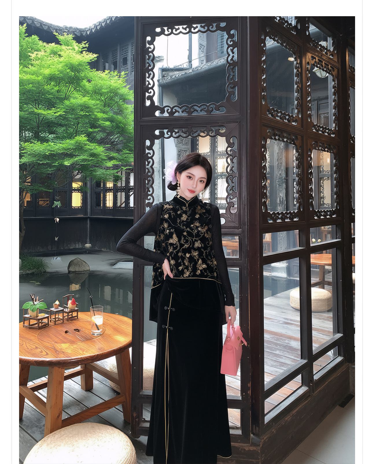 Bộ áo vest không tay thêu sequin đen vàng + chân váy nhung xẻ tà phong cách Trung Quốc mùa xuân hè — váy, áo vest chi tiết 9