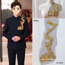 中国风龙纹刺绣细股布贴金色西服装饰贴花新中式辅料饰品