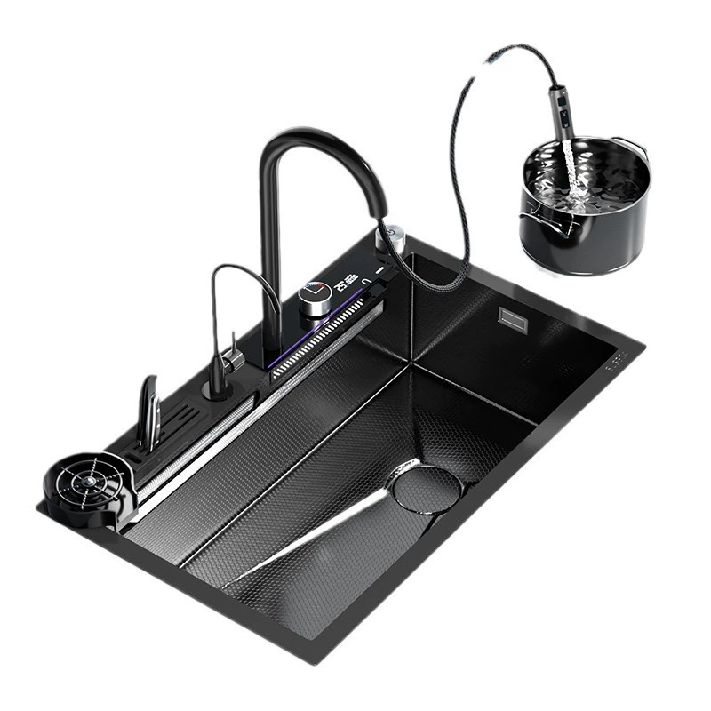 Nano waterfall digital display large single trough 304 stainless steel sink kitchen household dishwasher pool thickened