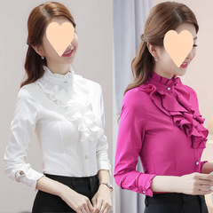 2025春秋新型韓国版女性立襟長袖シャツ職業服装修身シャツ