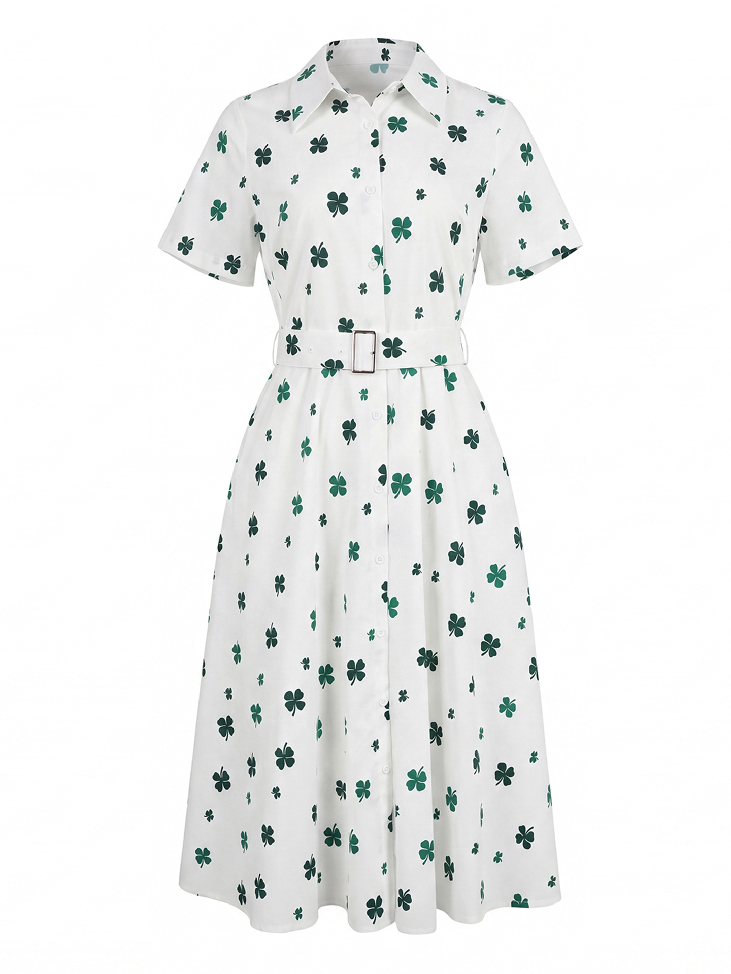 Đầm maxi nữ thắt eo in họa tiết hoa, tay ngắn cổ bẻ, chất cotton thoáng mát — màu trắng