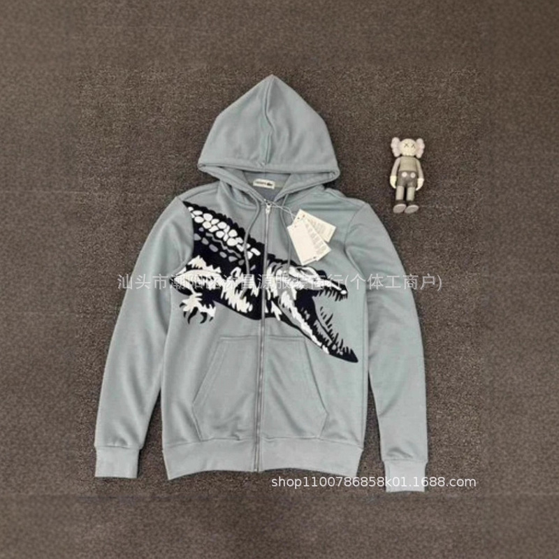 2025 New Autum Fashion Men's High Street Niche Casual Black and Gray Two-Color Crocodile Pattern Printed Hooded Sweatshirt