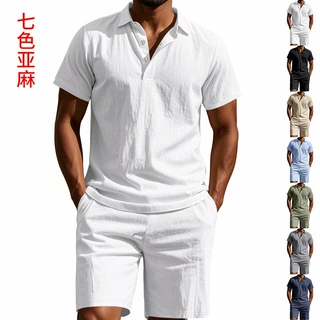 跨境亚马逊夏季男士套装翻领系扣短袖亚麻polo衫短裤套装运动休闲