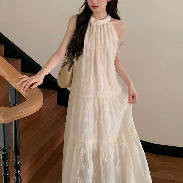 French Lace Halterneck Dress Women's Summer New Temperament Off-Shoulder Suspender Skirt Seaside Vacation Mid-Length Skirt