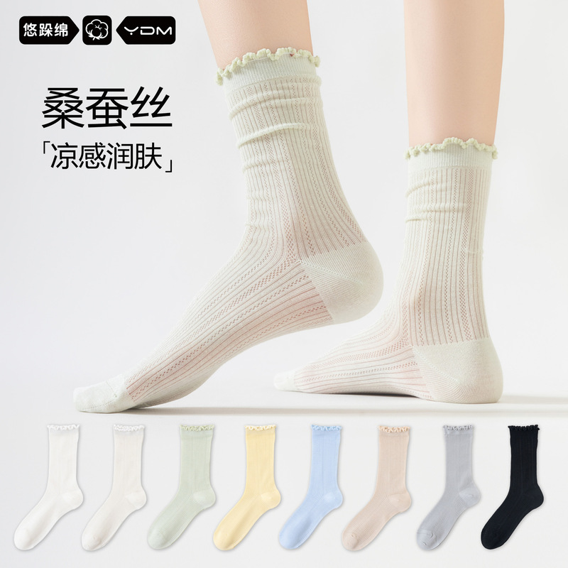Lace Socks for Women, Summer Thin Style, White Mesh Breathable Silk Mid-Calf Socks, Suitable for Pairing with Birkenstock Shoes
