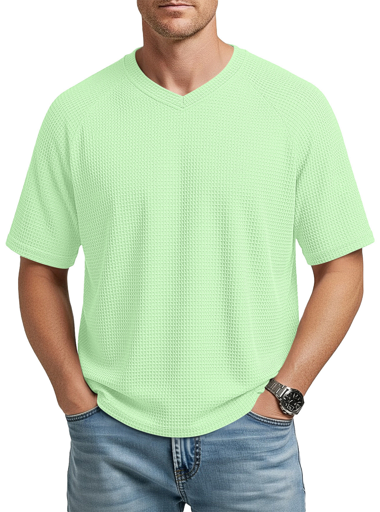 Europa y los Estados Unidos primavera y verano estación independiente transfronteriza hombre moda waffle tejido multifuncional manga de hombro cuello V camiseta de hombre de manga corta