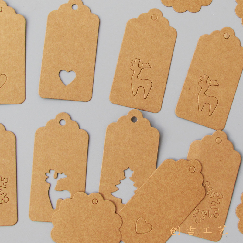 牛皮纸空白吊牌卡通圣诞异形镂空纸卡套装跨境标签牌烫金卡纸包装