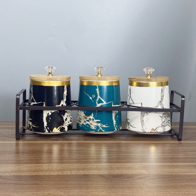 Tanque de condimento de cerámica, tanque de sellado de cocina nórdica, cubierta de madera, tanque de almacenamiento de granos domésticos, conjunto de tanques de almacenamiento de cerámica de lujo ligero